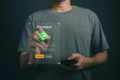 Close up Hand Man Using Smartphone to Complete Online Payment with Secure P.. Stock Photos