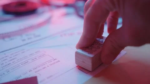 Close up on hand marking classified document as Secret using red rubber stamp Stock Footage 240649514