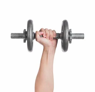 Close up hand men workout dumbbell on white background. Stock Photos