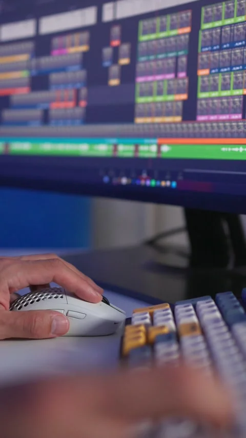 Close-up hand moving computer mouse during audio mixing on illuminated monitor Stock Footage 347869360