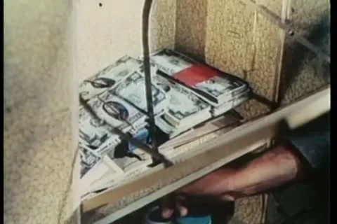 Close-up of hand opening back of mirror to reveal hidden money Stock Footage 11353381