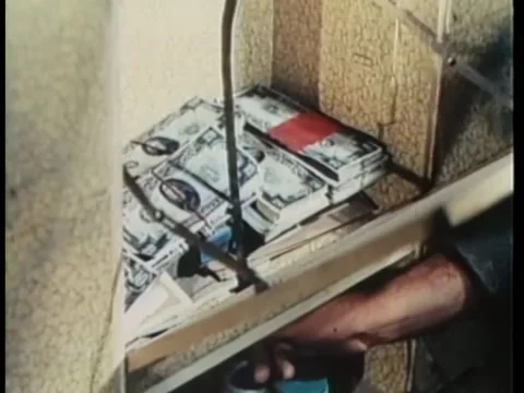 Close-up of hand opening back of mirror to reveal hidden money Stock Footage 260251323