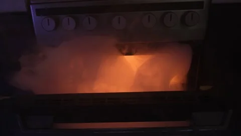 Close-up of a hand opening the oven door as thick smoke billows out, creating a Stock Footage 305258682