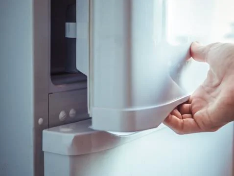Close up hand opens fridge Stock Photos