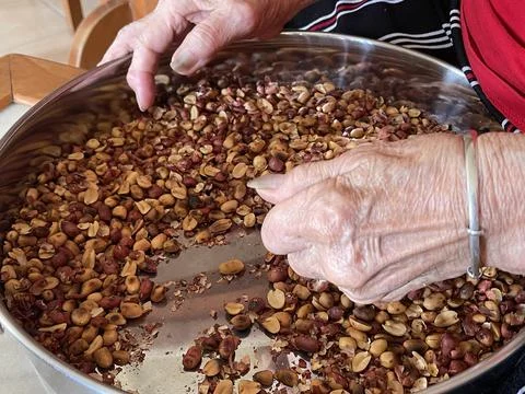 Close Up Of Hand Peeling Roasted Peanuts For Traditional Filling Stock Photos
