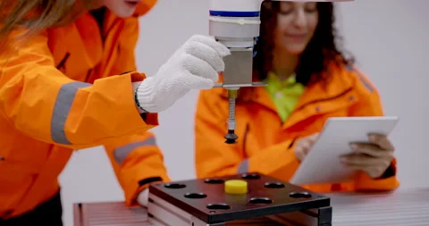 Close up hand places object using cobot gripper while second female engineer Stock Footage 313647026