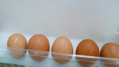 Close up of hand placing a fresh brown egg into a refrigerator door shelf Stockbeeldmateriaal 333443285