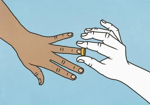Close up of hand placing wedding band on partner's finger Ilustração Stock