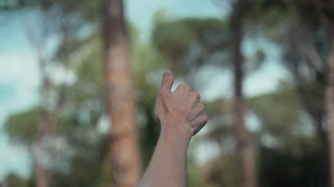 Close-up of a hand playing with air. Beautiful woods on the background. Romantic Stock Footage 189392019