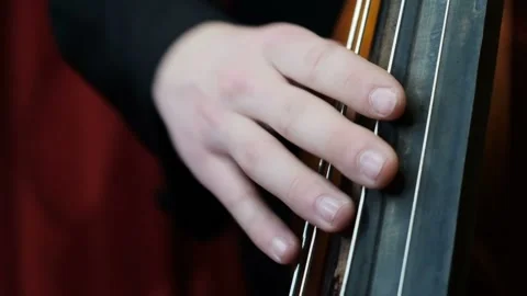 Close-Up of a Hand playing the Double Bass Plucking the Strings in Slow Motion. Stock Footage 106344204