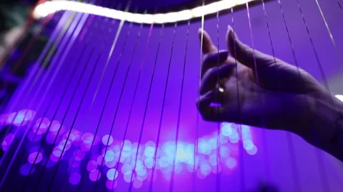 Close-up of Hand Playing Harp Strings in Vibrant Purple Concert Lighting Stock Footage 338039440
