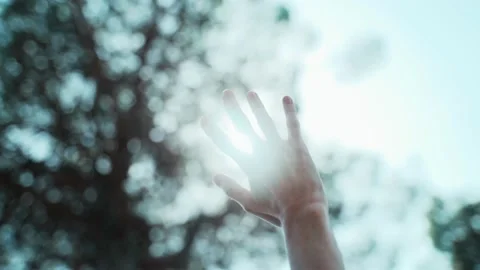 Close-up of a hand playing with sunlight. Beautiful sun glare through the Stock Footage 189393085