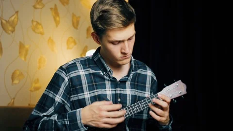 Close up hand playing ukulele. Man touches strings. Wood ukulele Stock Footage 120300729