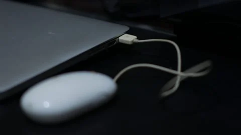Close Up of Hand Plugging USB Mouse Cable into Laptop Stock Footage 340345699