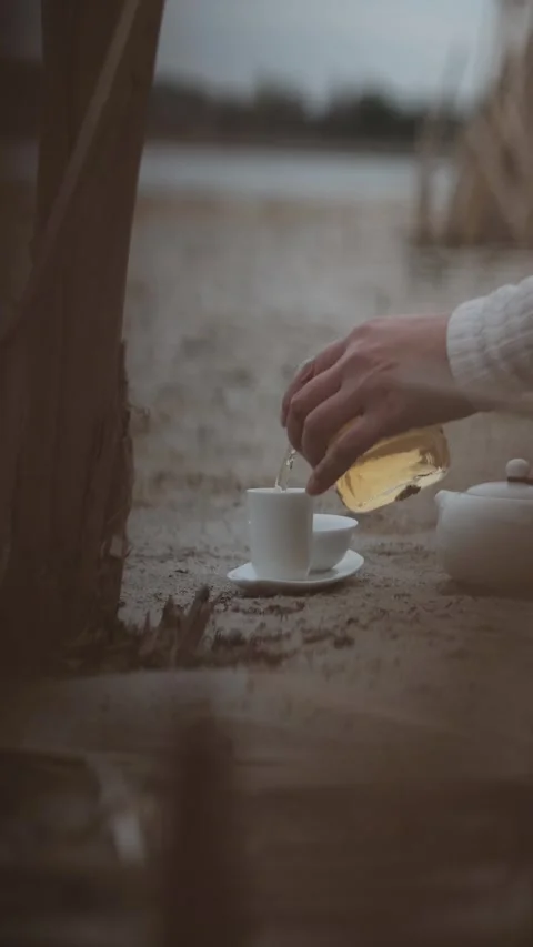 Close-up of hand pouring warm tea into a white cup on the sand near reeds by a Stock Footage 307288174
