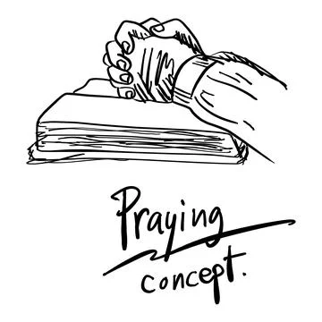 Close-up hand praying on bible vector illustration sketch hand drawn with bla Stock Illustration