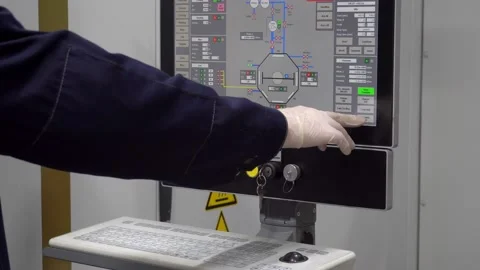 Close-up. The hand presses the buttons on the control panel of the CNC machine Stock Footage 171776896