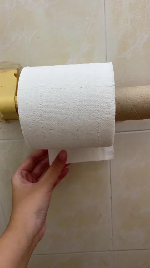 Close-Up Of Hand Pulling White Toilet Paper From Bathroom Roll Holder Stock Footage 321180000