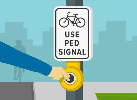 Close-up of hand pushing button. Pedestrian walk traffic light switch. Stock Illustration