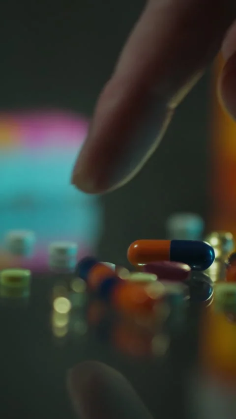 Close-up of hand reaching for colorful capsules scattered on reflective surf Stock Footage 331539007
