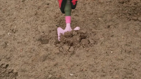 Close-up of a hand in red glove digging a hole with a pink shovel for planting Stock Footage 308844208