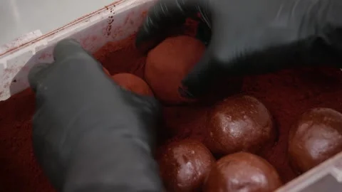 Close-up of Hand Rolling Gourmet Chocolate Truffles in Rich Cocoa Powder Stock Footage 337751656