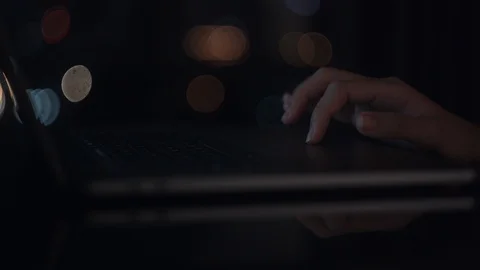 Close Up of Hand Scrolling On the Laptop In the Late Dark Night. 4K Stock Footage 120352218
