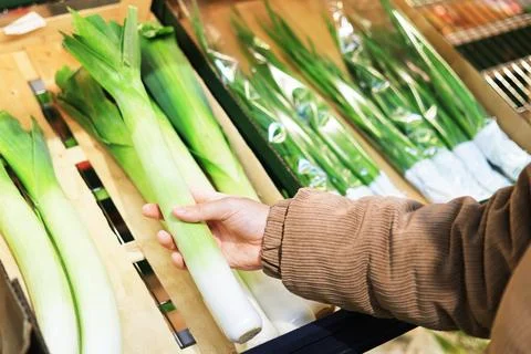 Close-up of a hand selecting a fresh stalk of leek from a display shelf in .. 스톡 사진