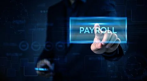 Close-up of hand selecting payroll option on virtual screen. Perfect for di.. Stock Photos