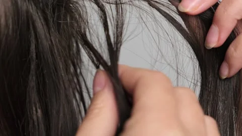 Close-up of a hand separating strands of dark hair with visible regrowth and ext Stock Footage 297189785