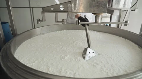 Close-up of a hand with a spatula. Cheese making technology. Smooth camera movem Vidéo 177576119