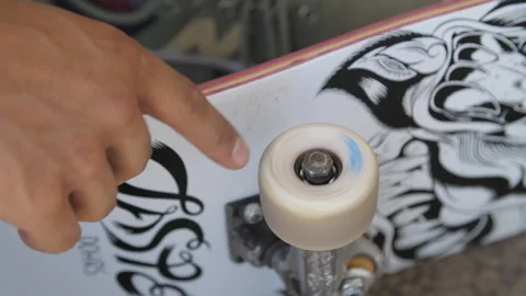 Close-up of Hand Spinning a Preduce Skateboard Wheel with Bearings Stock Footage 324559685