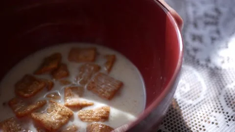 Close up of hand with spoon eating cinnamon sugar cereal from bowl - close u Vidéo 219262532