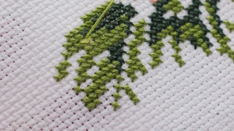 Close Up Hand Stitching Green Thread on Cross Stitch Fabric Stock Footage 322670119
