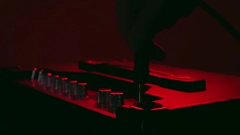 Close up of Hand Switch On and adjust EQ setting on Amplifier Vídeos de archivo 123859302