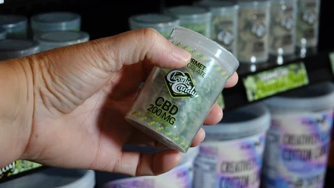 Close up of a hand taking CBD infused candy from a shelf in a retail store. Stock Footage 120366161