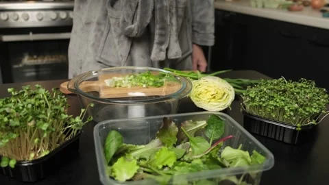 Close-up  hand tossing arugula and spinach salad leaves  Stock Footage 300096224
