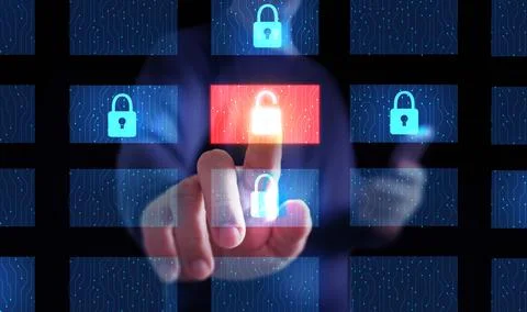 Close up hand touching digital lock icon on virtual screen, concept of cybe.. Stock Photos