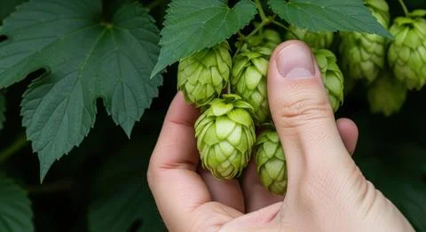 Close-up of hand touching fresh green hop cones on the vine Stock Photos