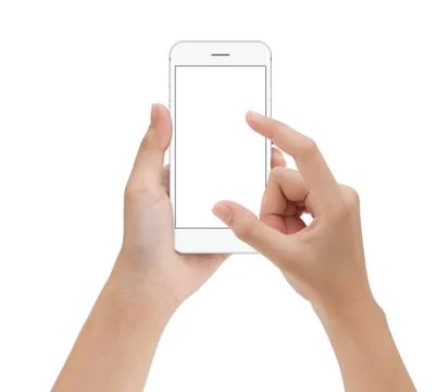 Close-up hand touching phone mobile isolated on white, mock up smartphone b.. Stock Photos