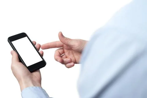 Close-up hand touching smartphone screen isolated on white, mock up phone mob Stock Photos