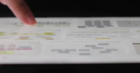 Close up Hand Touching Tablet Computer and scrolling business chart Stock Footage 237798082