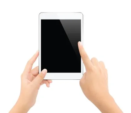 Close up hand touching on tablet isolated white clipping path inside clean an Stock Photos