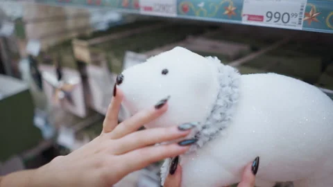 Close-Up of Hand Touching White Plush Polar Bear Tenderly Stock Footage 305028251