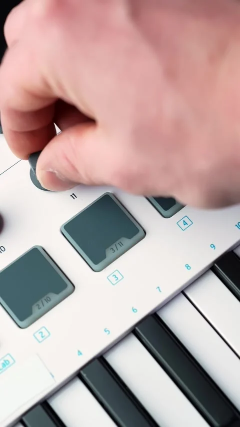 Close-up of a hand turning a knob on a MIDI keyboard controller with pads Stockbeeldmateriaal 331322345
