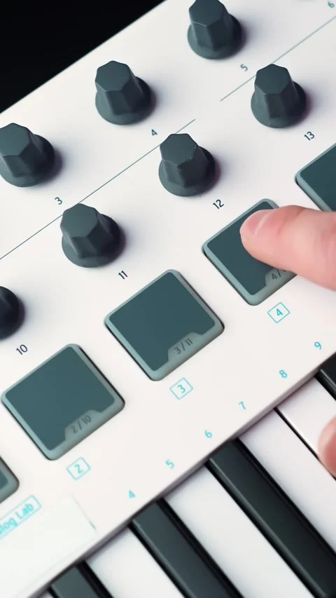 Close-up of a hand turning a knob on a MIDI keyboard controller with drum pads Stockbeeldmateriaal 331488370