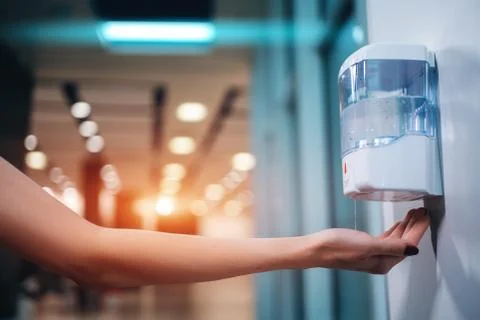 Close up hand use automatic sanitizer with antiseptic for prevention covid 19 Foto stock