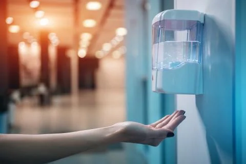 Close up of hand use automatic sanitizer with antiseptic for prevention covid 19 Stock Photos