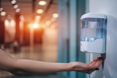 Close up hand use automatic sanitizer with antiseptic for prevention covid 19 Foto stock