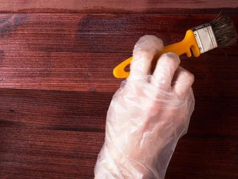Close-up hand use brush paint clear lacquer on wood surface. Fotos Stock